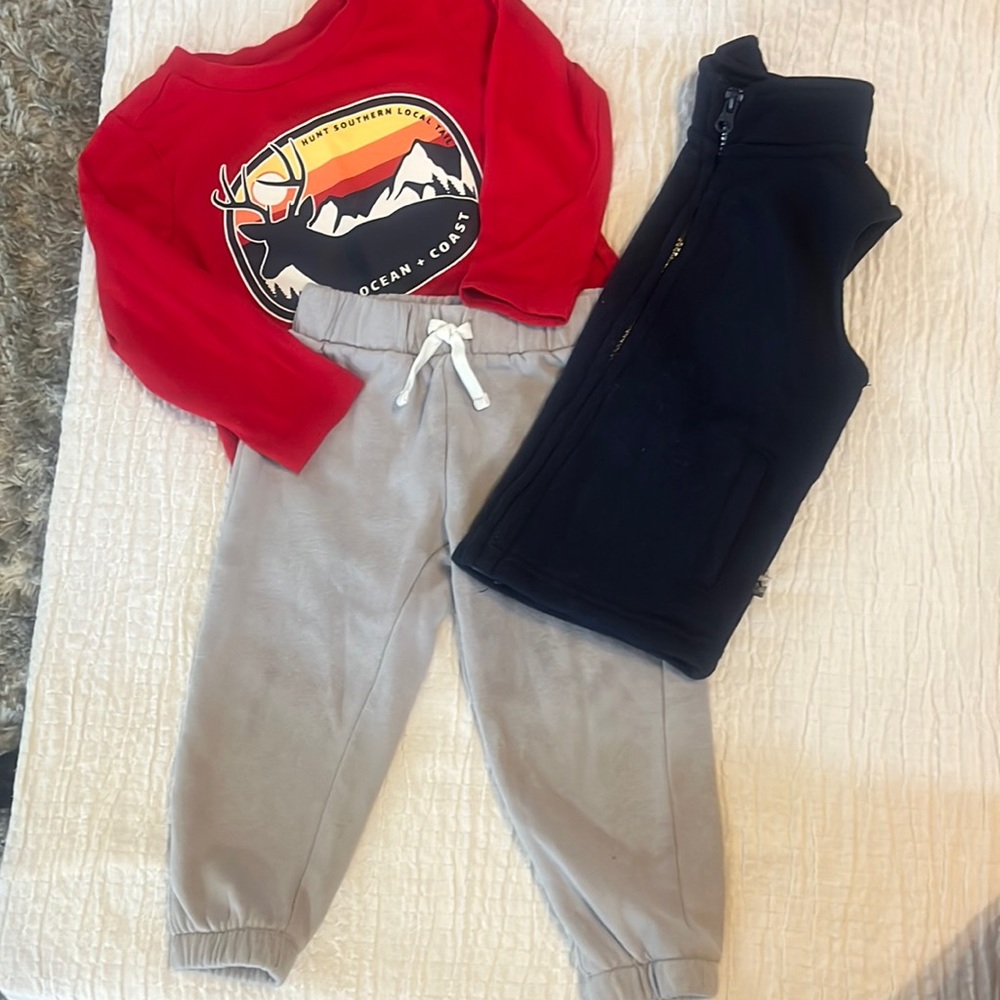 2T outfit set red long sleeve tee with deer gray pants and navy vest 3 piece set